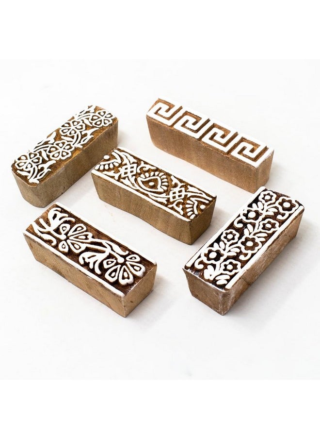 Hashcart Hashcart | Set of 5 | Wooden Border Shape Wooden Blocks for Block Printing Stamp Set for Henna Mehndi Finger Printing Blocks for Saree Border | Scrapbooking | Fabric | Textile | Paper | Kids  - Image 1