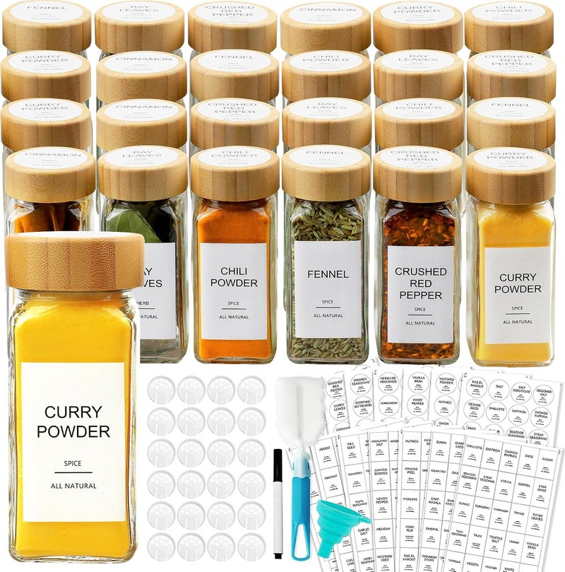 AISIPRIN Glass Spice Jars with 398 Labels, 24 pcs 4oz Spice Containers with Bamboo Lids, Square Spice Bottles With Shaker Lids,Spice Organization for Cabinet,Drawer,Rack,Seasoning Organizer - Image 1