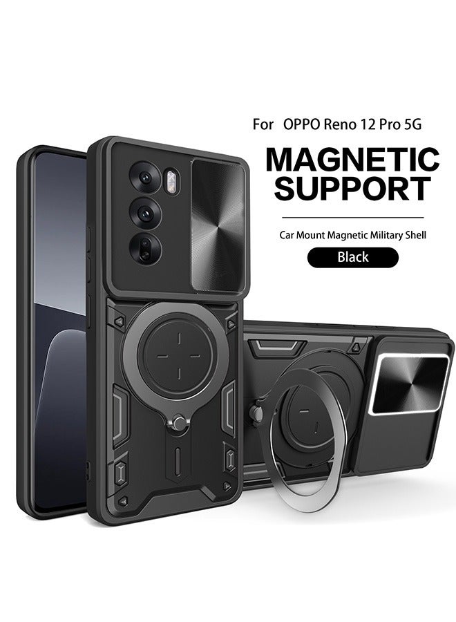 Case For OPPO Reno 12 Pro 5G with Slide Camera Cover and Stand Kickstand Magnetic Ring, High Quality Shockproof Protective Cover, Anti-Fall Drop Protection, Shockproof Case, Black - Image 1