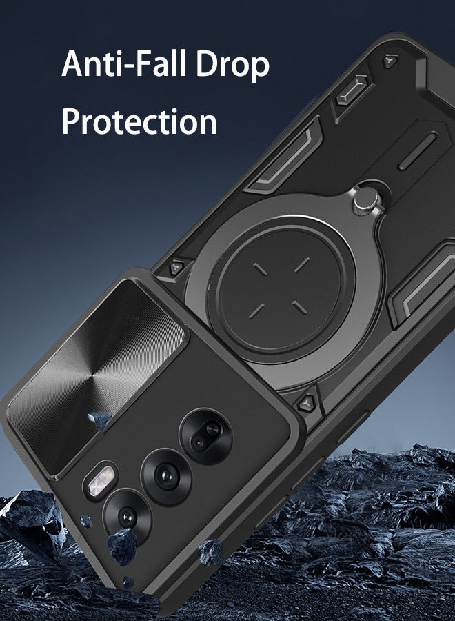 Case For OPPO Reno 12 Pro 5G with Slide Camera Cover and Stand Kickstand Magnetic Ring, High Quality Shockproof Protective Cover, Anti-Fall Drop Protection, Shockproof Case, Black - Image 2