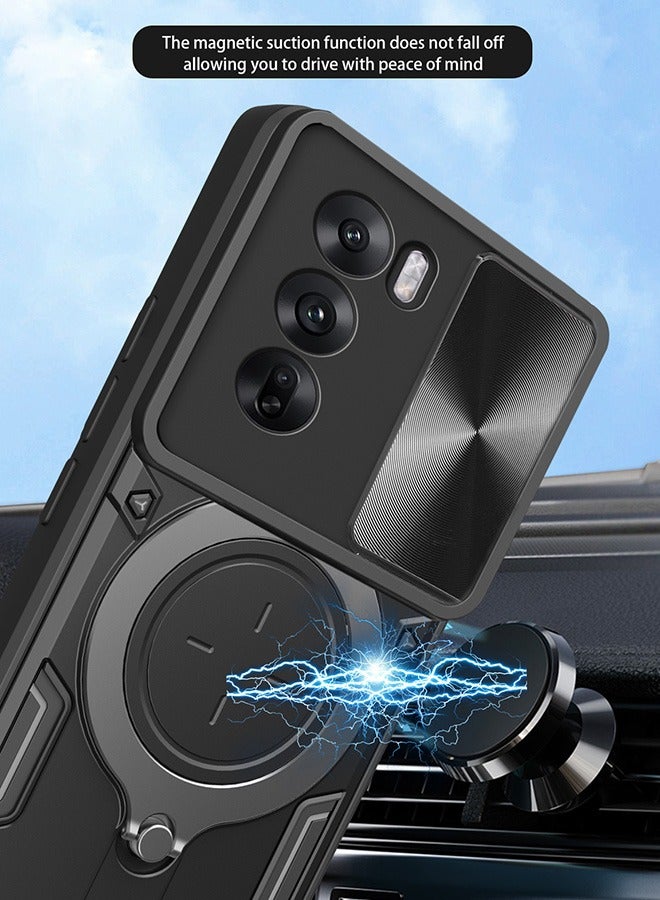 Case For OPPO Reno 12 Pro 5G with Slide Camera Cover and Stand Kickstand Magnetic Ring, High Quality Shockproof Protective Cover, Anti-Fall Drop Protection, Shockproof Case, Black - Image 3