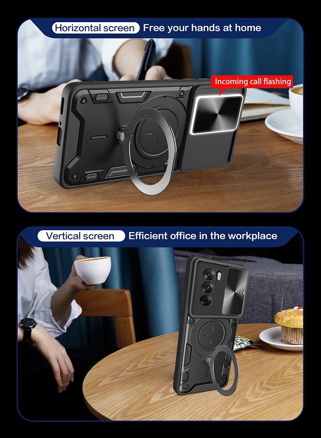 Case For OPPO Reno 12 Pro 5G with Slide Camera Cover and Stand Kickstand Magnetic Ring, High Quality Shockproof Protective Cover, Anti-Fall Drop Protection, Shockproof Case, Black - Image 4