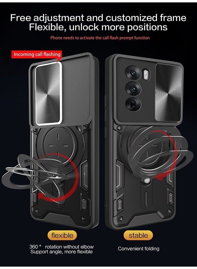 Case For OPPO Reno 12 Pro 5G with Slide Camera Cover and Stand Kickstand Magnetic Ring, High Quality Shockproof Protective Cover, Anti-Fall Drop Protection, Shockproof Case, Black - Image 5