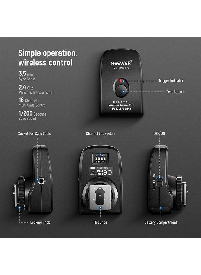 NEEWER 2.4G Remote Trigger, Wireless Transmitter with 16 Channels 49.2 ft/15m Transmission Distance Only for NEEWER Vision4, ML300 Studio Strobe (VC-816TX) - Image 4