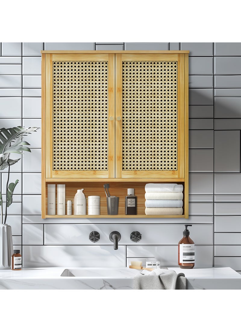 Generic Bamboo Medicine Cabinet Wall Mounted Bathroom Wall Cabinet Storage with 2 Rattan Doors and Adjustable Shelf forOver the Toilet Storage Organizer Hanging Wall Storage Cabinet Bathroom Kitchen  - Image 2