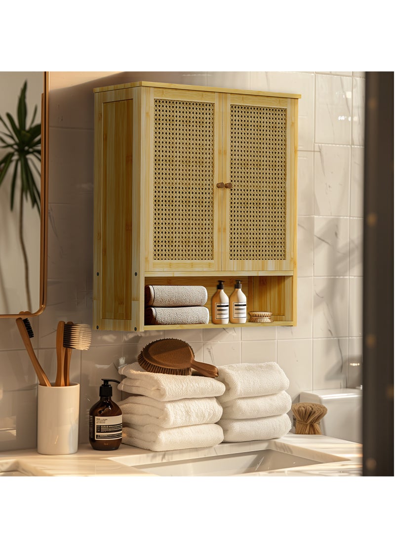 Generic Bamboo Medicine Cabinet Wall Mounted Bathroom Wall Cabinet Storage with 2 Rattan Doors and Adjustable Shelf forOver the Toilet Storage Organizer Hanging Wall Storage Cabinet Bathroom Kitchen  - Image 3
