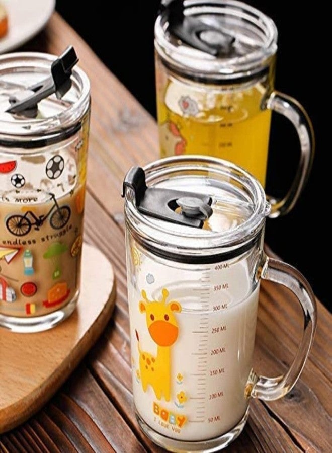 BEDSTEFAR 400ml Cartoon Fruit Juice and Milk Mug - Creative Glass Tumbler with Lid and Solid Handle | Spill-Proof Sipper Cup for Milk, Tea and Coffee | Random Design (Pack of 1) - Image 4