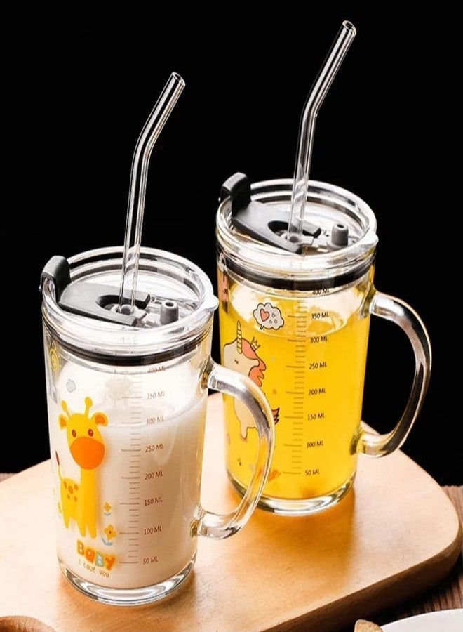 BEDSTEFAR 400ml Cartoon Fruit Juice and Milk Mug - Creative Glass Tumbler with Lid and Solid Handle | Spill-Proof Sipper Cup for Milk, Tea and Coffee | Random Design (Pack of 1) - Image 1
