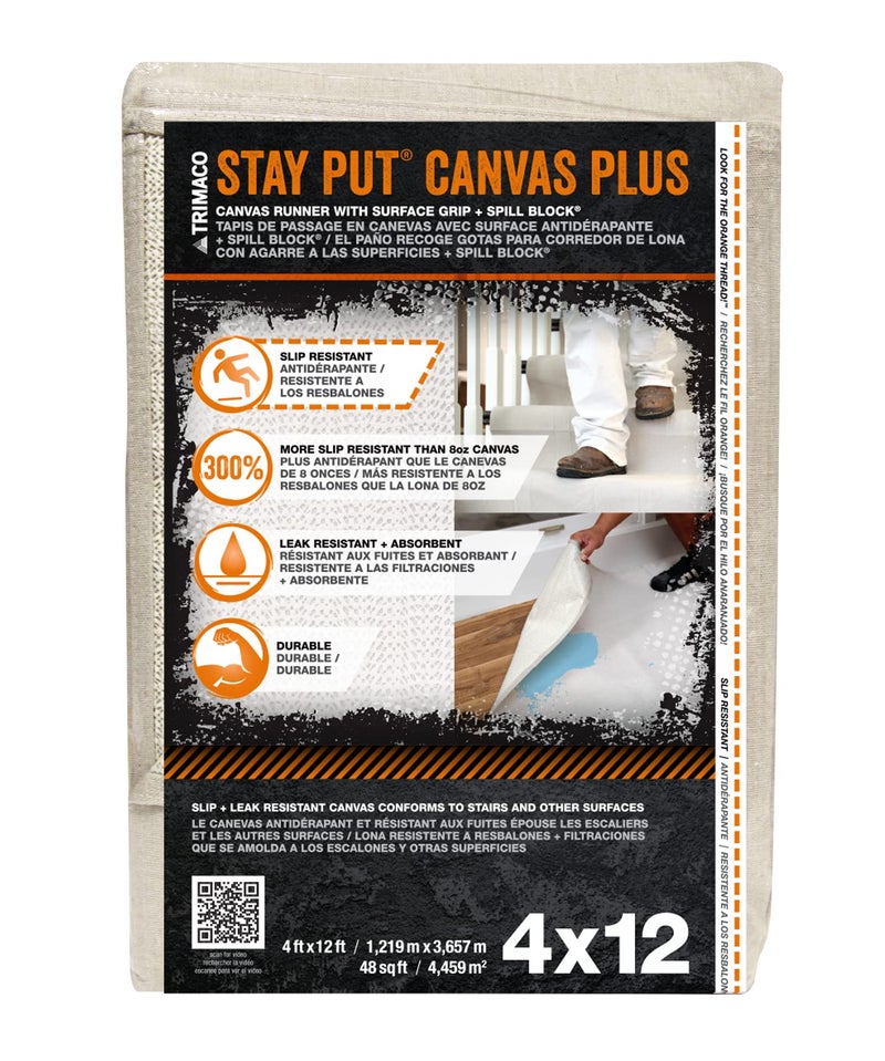 Trimaco 04328 Slip Resistant Dropcloth Stay Put Canvas Plus Drop Cloth, 4-feet x 12-feet - Image 1