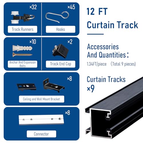 YMDparts Ceiling Curtain Track Room Divider Curtain Rods Track with Hooks Ceiling Mounted Curtain Rail Black Suitable for Living Room Bedroom Bathroom (12FT) - Image 3