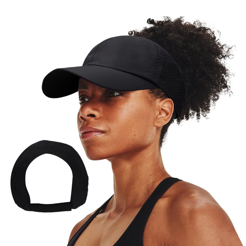 BUTITNOW Women Backless Ponytail Baseball Cap for Curly Hair Afro Puff High Messy Bun Adjustable Perforated Ponycap Black - Image 2