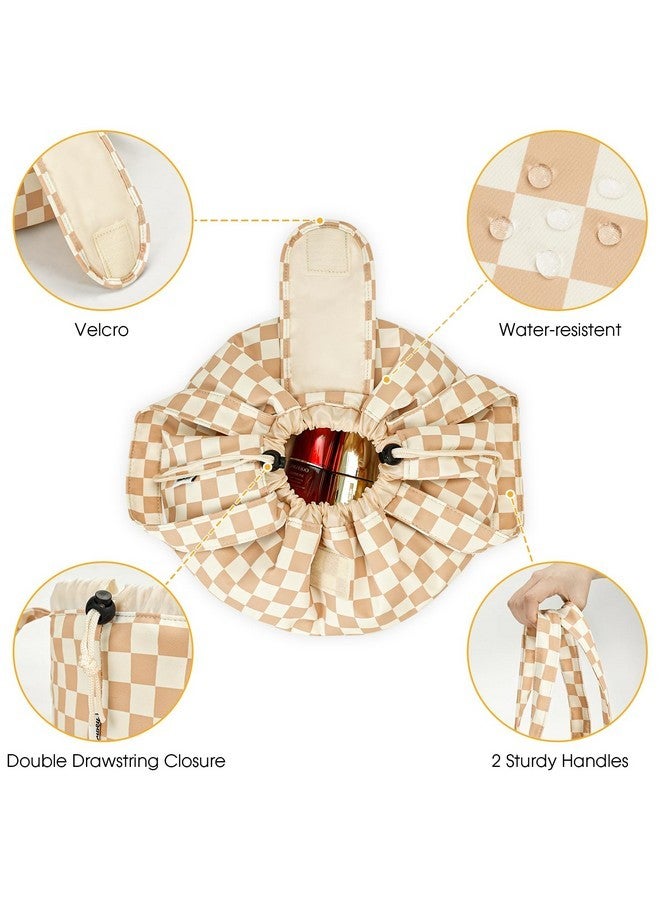Narwey Barrel Drawstring Makeup Bag Large Cosmetic Bag Make Up Bags Toiletry Organizer For Women (Light Checkerboard) - Image 4