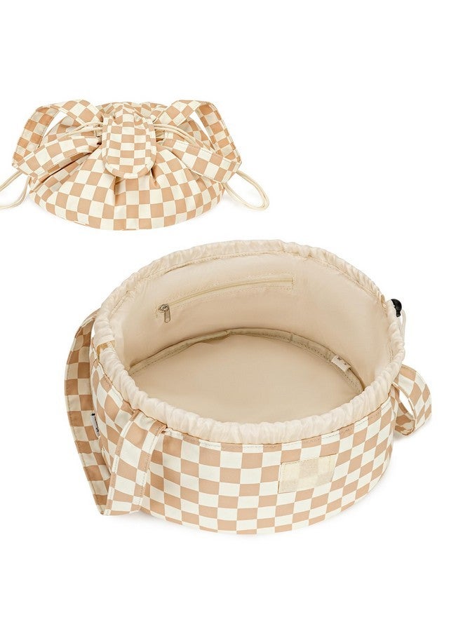 Narwey Barrel Drawstring Makeup Bag Large Cosmetic Bag Make Up Bags Toiletry Organizer For Women (Light Checkerboard) - Image 1
