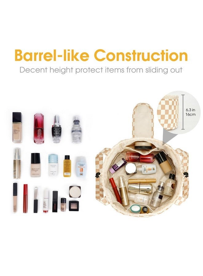 Narwey Barrel Drawstring Makeup Bag Large Cosmetic Bag Make Up Bags Toiletry Organizer For Women (Light Checkerboard) - Image 2