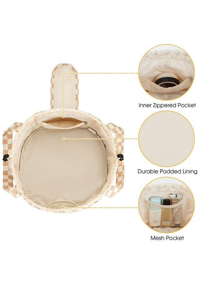 Narwey Barrel Drawstring Makeup Bag Large Cosmetic Bag Make Up Bags Toiletry Organizer For Women (Light Checkerboard) - Image 5