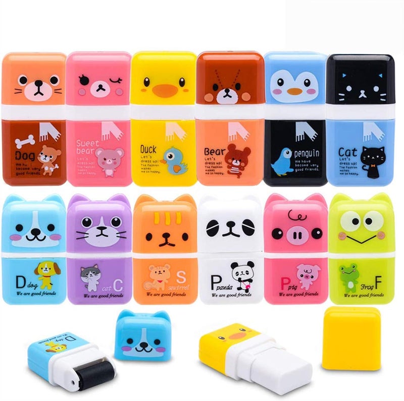 Sooez 12 Pack Pencil Erasers, Cute Erasers Pencil Eraser with Clean up Roller Pencil Eraser Shaving Roller Case Erasers for Party Favors Gift Supplies - Image 1