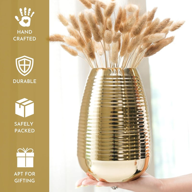 Behoma Oval Shape Metal Flower Vase for Home Decor Ribbed vase for Office Table Decorations Modern vase Gift for Anniversary Festival Valentines day 87 inches Golden 1Pc Flowers not Included - Image 2