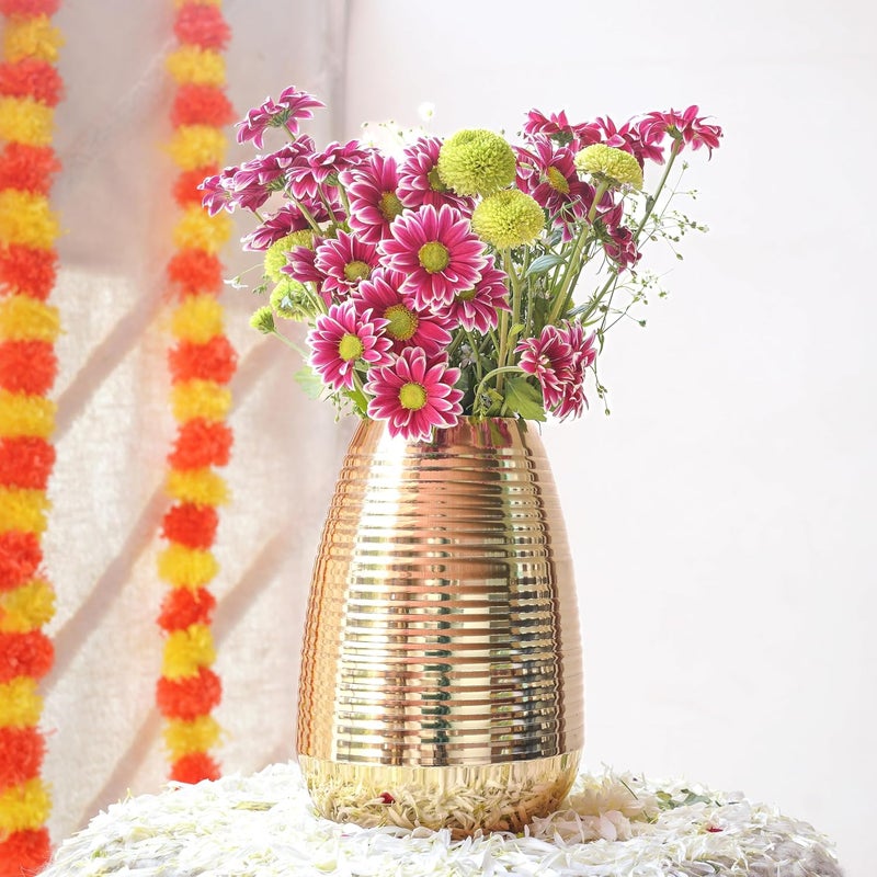 Behoma Oval Shape Metal Flower Vase for Home Decor Ribbed vase for Office Table Decorations Modern vase Gift for Anniversary Festival Valentines day 87 inches Golden 1Pc Flowers not Included - Image 1