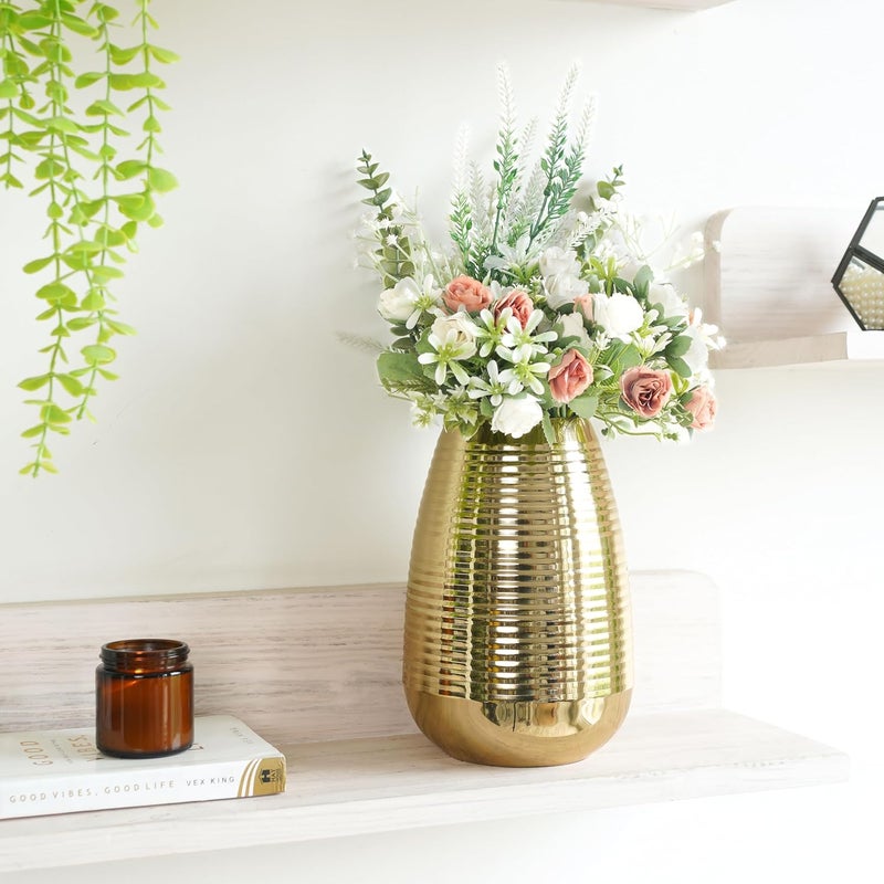Behoma Oval Shape Metal Flower Vase for Home Decor Ribbed vase for Office Table Decorations Modern vase Gift for Anniversary Festival Valentines day 87 inches Golden 1Pc Flowers not Included - Image 5