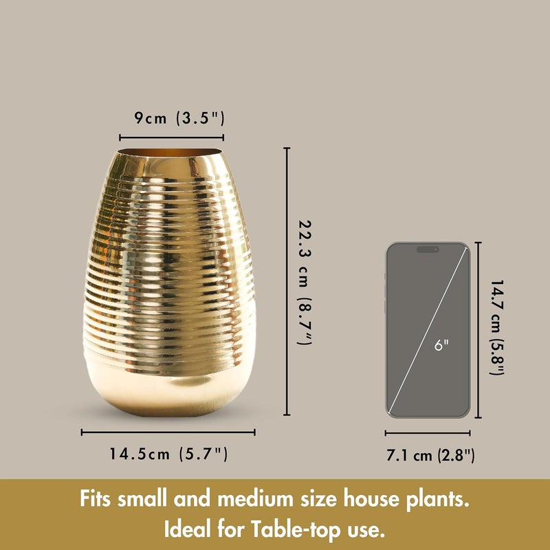 Behoma Oval Shape Metal Flower Vase for Home Decor Ribbed vase for Office Table Decorations Modern vase Gift for Anniversary Festival Valentines day 87 inches Golden 1Pc Flowers not Included - Image 4