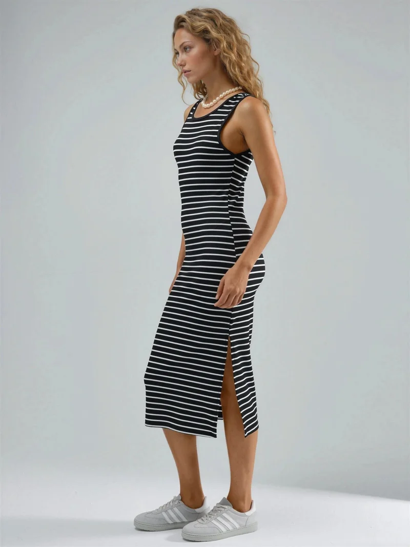هيكاب Striped Crew Neck Bodycon Midi Dress Ellie Collection