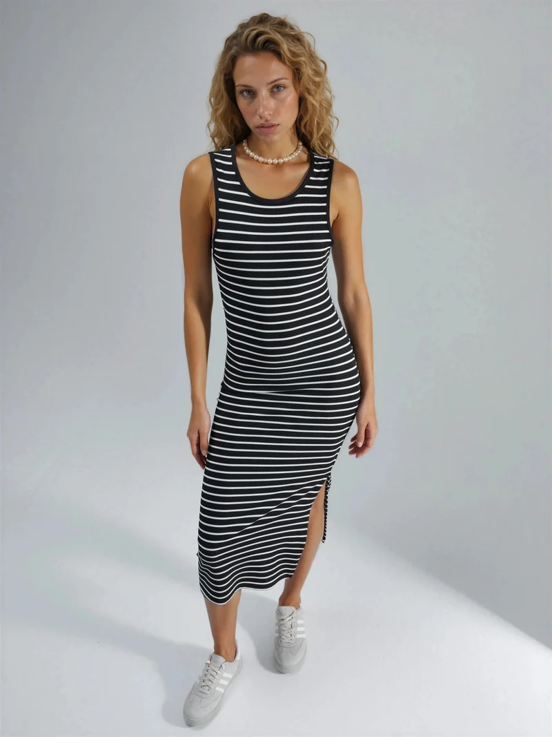 هيكاب Striped Crew Neck Bodycon Midi Dress Ellie Collection