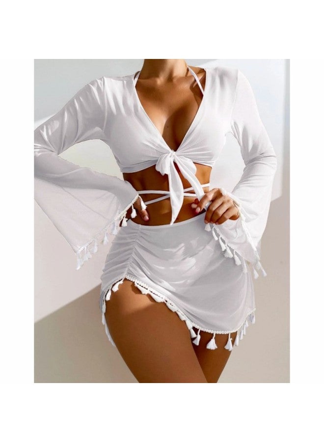 Generic European And American Conservative Four-piece Solid Color Tassel Blouse Mesh Short Skirt Bikini Swimsuit Women-Color:Pink-Size:M  - Image 5
