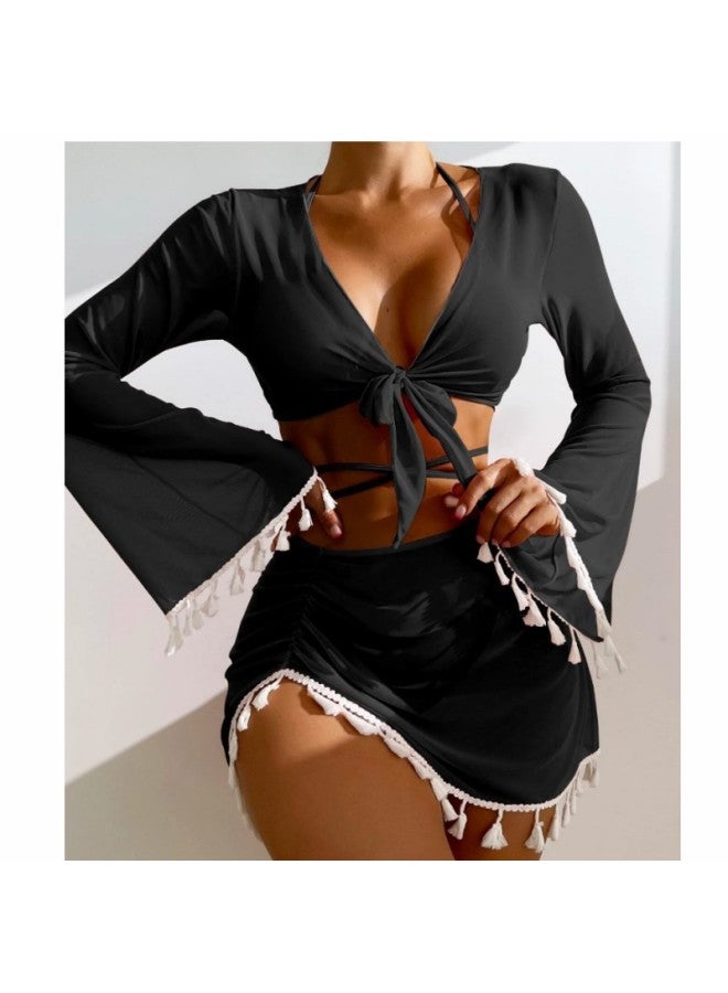Generic European And American Conservative Four-piece Solid Color Tassel Blouse Mesh Short Skirt Bikini Swimsuit Women-Color:Pink-Size:M  - Image 4