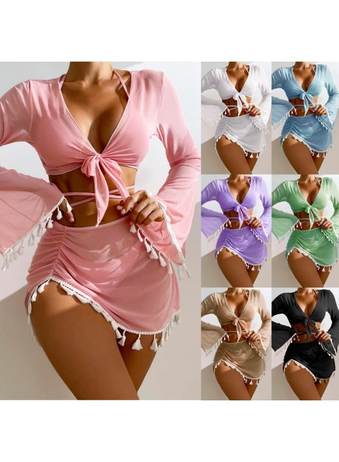 Generic European And American Conservative Four-piece Solid Color Tassel Blouse Mesh Short Skirt Bikini Swimsuit Women-Color:Pink-Size:M  - Image 2