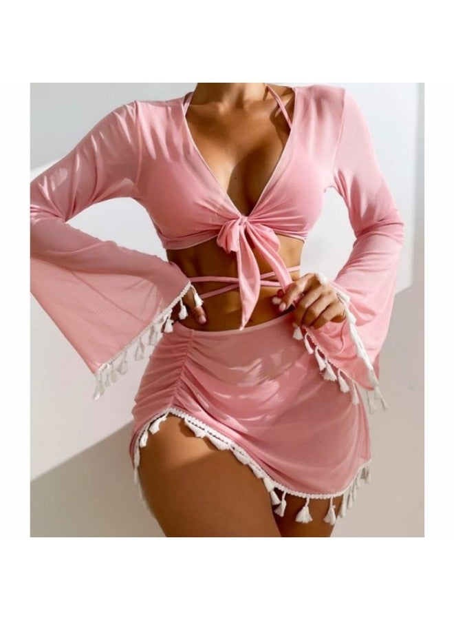 Generic European And American Conservative Four-piece Solid Color Tassel Blouse Mesh Short Skirt Bikini Swimsuit Women-Color:Pink-Size:M  - Image 1