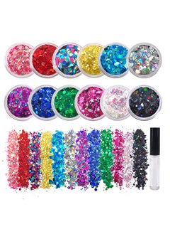 12 Pack - Multi-Colored Face & Body Glitter - Glue Included - Rainbow Chunky Glitter - Uses Include: Festival Rave Makeup Face Body Nails Resin Arts & Crafts, Resin, Tumblers, Bath Bombs