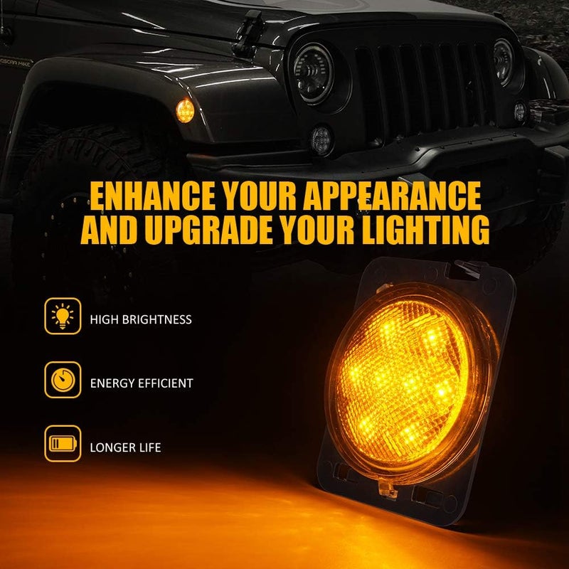 Xprite LED Clear Lens Turn Signal Lights with Halo DRL and Parking Function & Front Fender Side Marker Amber Light Assembly Replacement Combo for 2007-2018 Jeep Wrangler JK & Wrangler Unlimited - Image 2