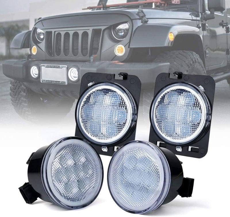 Xprite LED Clear Lens Turn Signal Lights with Halo DRL and Parking Function & Front Fender Side Marker Amber Light Assembly Replacement Combo for 2007-2018 Jeep Wrangler JK & Wrangler Unlimited - Image 1