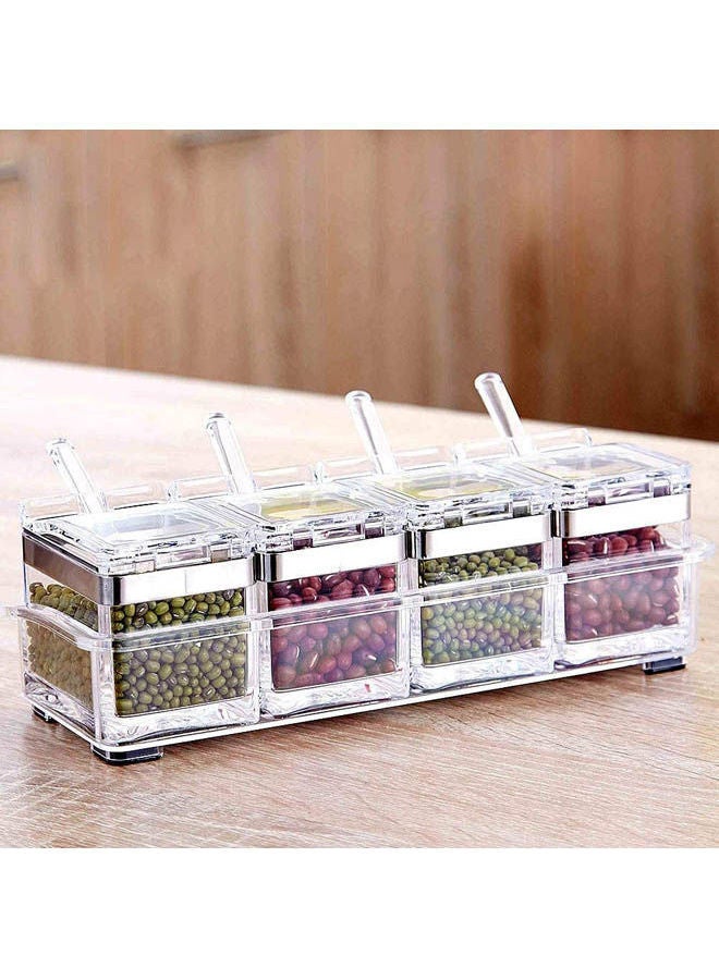 NIBEMINENT Seasoning Box, Rack Spice Pots, 4 Piece Clear Acrylic Cruet, Storage Container Condiment Jars With Cover And Spoon Steel Edge 25.5x11x8cm - Image 2