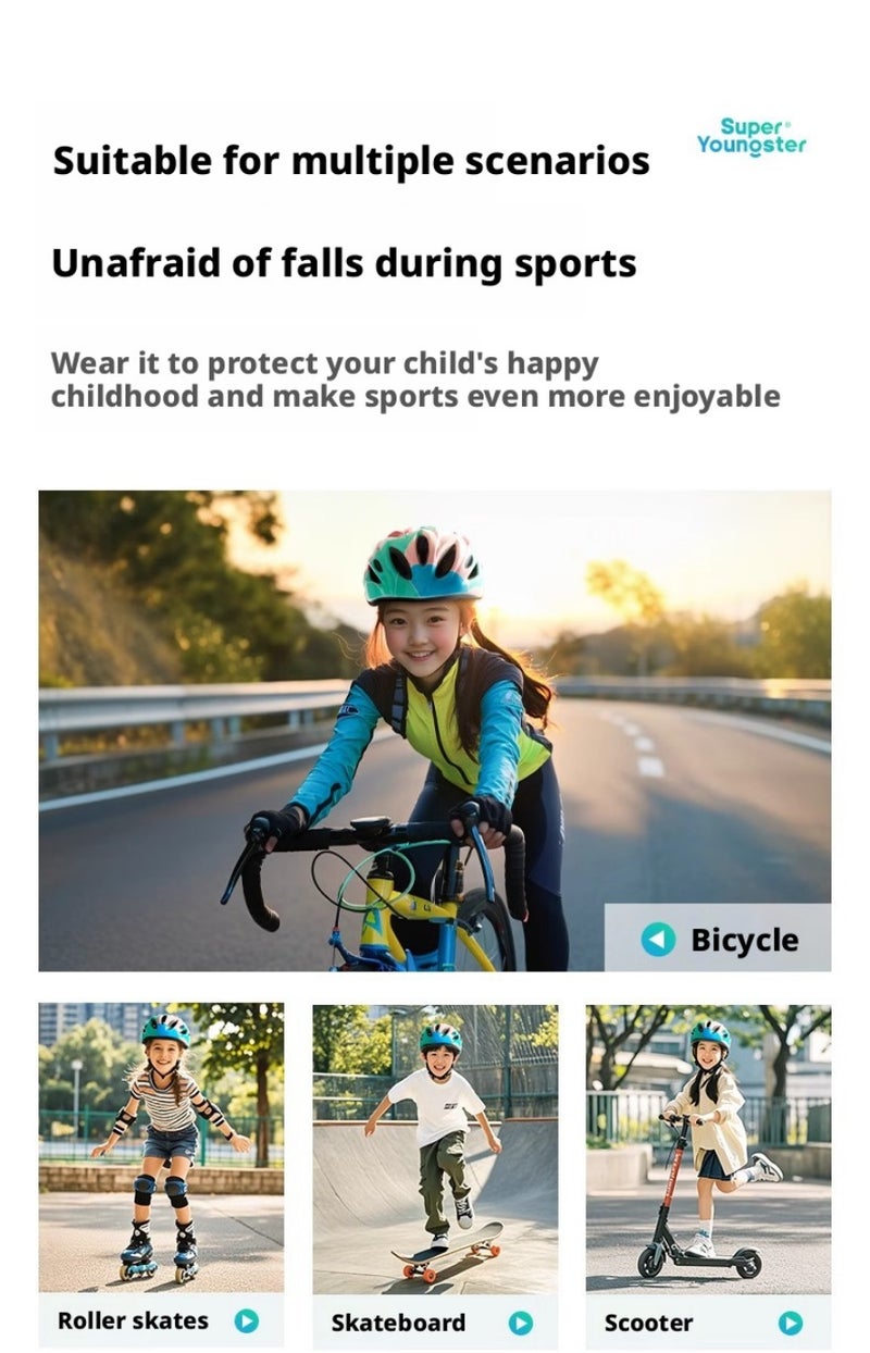 SUPER YOUNGSTER Kids Bike Helmet Set Skateboard Knee Pads Kids Helmet Elbow Pads Wrist Guards Adjustable for 3~15yrs Girl Boy Kids Protective Gear Set for Sport Cycling Bike Roller Skating Scooter - Image 5