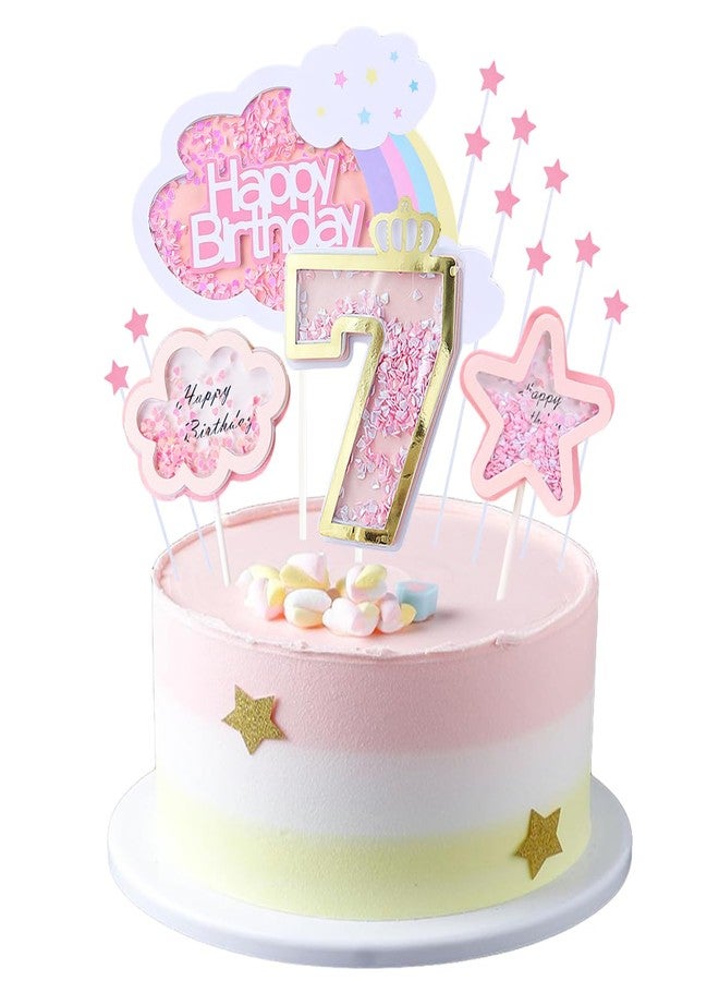 Kawailay Girl 7th Birthday Cake Decoration Set 7th Birthday Cake Topper with Rainbow Clouds Stars Cake Picks 7 Years Old Cake Topper for Girls Birthday Party Supplies - Pink - Image 1