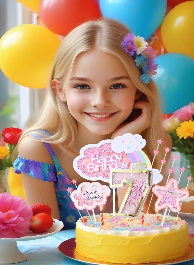 Kawailay Girl 7th Birthday Cake Decoration Set 7th Birthday Cake Topper with Rainbow Clouds Stars Cake Picks 7 Years Old Cake Topper for Girls Birthday Party Supplies - Pink - Image 3