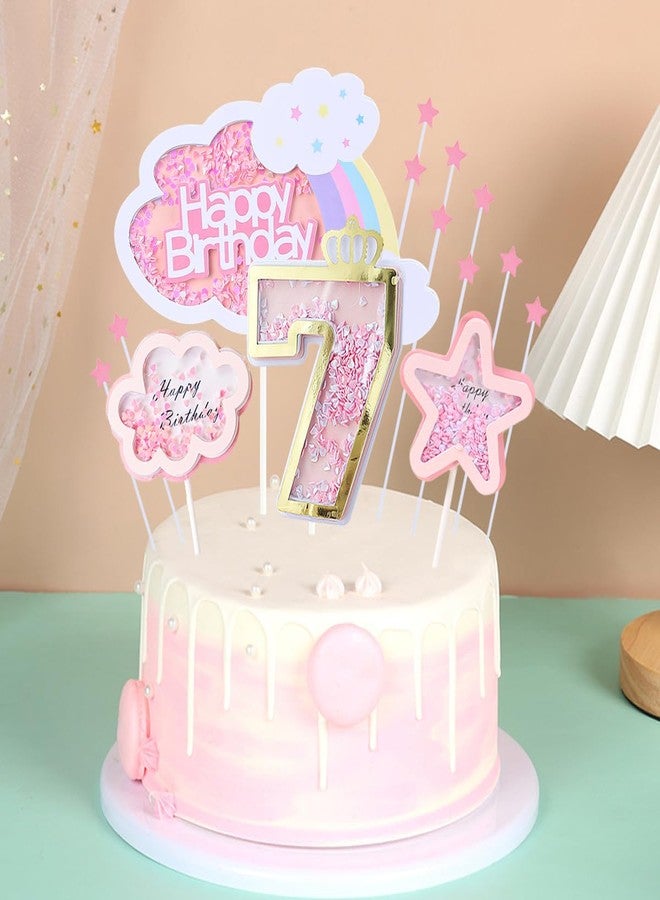 Kawailay Girl 7th Birthday Cake Decoration Set 7th Birthday Cake Topper with Rainbow Clouds Stars Cake Picks 7 Years Old Cake Topper for Girls Birthday Party Supplies - Pink - Image 5