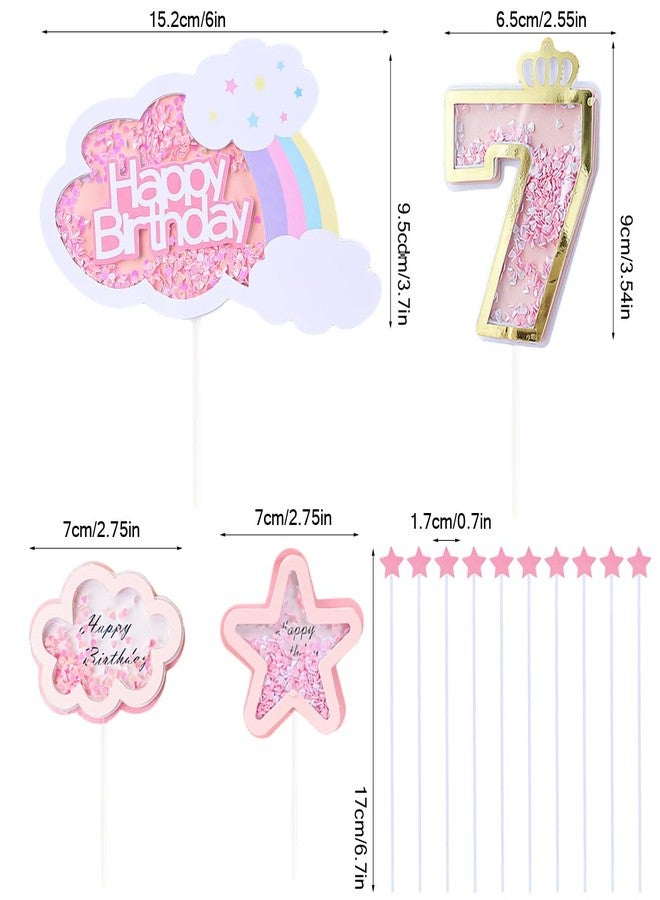 Kawailay Girl 7th Birthday Cake Decoration Set 7th Birthday Cake Topper with Rainbow Clouds Stars Cake Picks 7 Years Old Cake Topper for Girls Birthday Party Supplies - Pink - Image 2