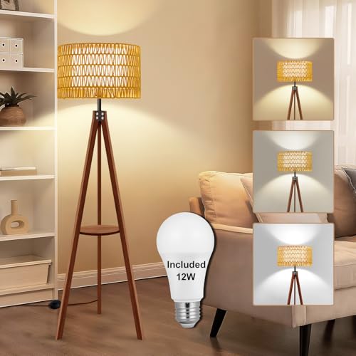 Vinaco Boho Tripod Floor Lamp with Shelf, Double Lampshades Mid-Century Standing Lamps, 3 Color Temperatures Wicker Floor Lamp, Foot Switch Rattan Tall Lamps for Bedroom, Living Room, Office - Image 1