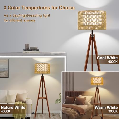 Vinaco Boho Tripod Floor Lamp with Shelf, Double Lampshades Mid-Century Standing Lamps, 3 Color Temperatures Wicker Floor Lamp, Foot Switch Rattan Tall Lamps for Bedroom, Living Room, Office - Image 2
