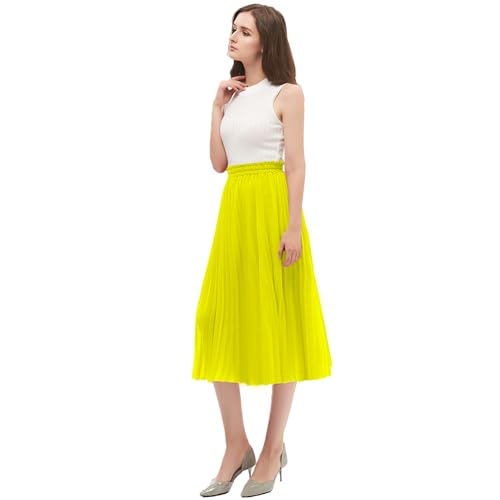 GOOBGS Women's Pleated A-Line High Waist Swing Flare Midi Skirt Yellow Small/Medium - Image 3