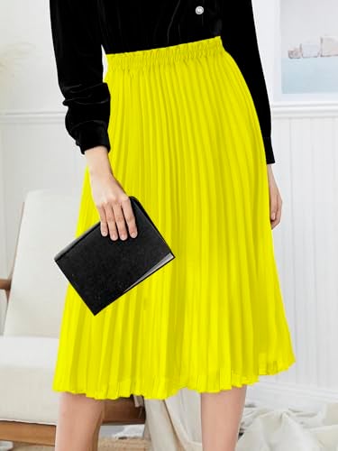 GOOBGS Women's Pleated A-Line High Waist Swing Flare Midi Skirt Yellow Small/Medium - Image 2