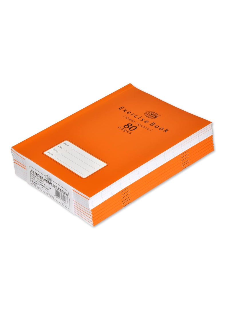 FIS Exercise Book, Size 165x210mm, 40 Sheets, 80 Pages, 15mm Square Gridlines with Left Margin, Packet of 12 Pieces, Neon Orange Cover with Mathematical Info-FSEBSQ1580N - Image 1