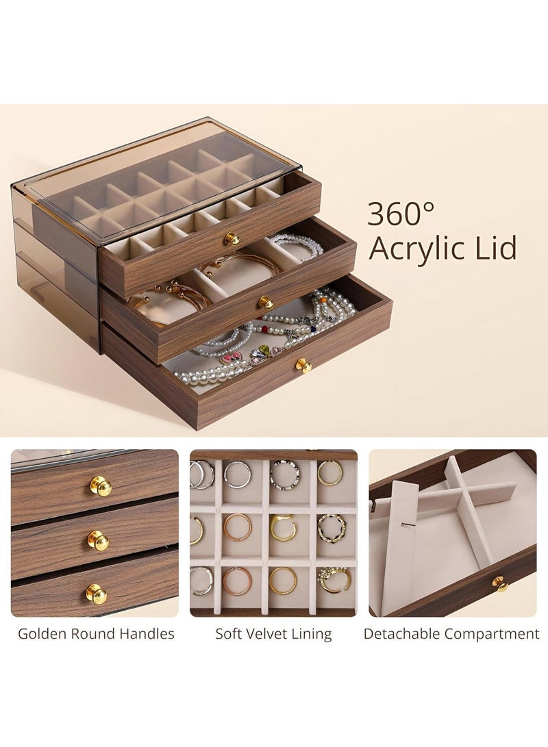 3-Tier Wooden Jewelry Organizer Box - Vintage Style Organizer with Acrylic Lid for Rings, Earrings, Necklaces and Bracelets, Stylish Storage Display for Women and Girls. - Image 3