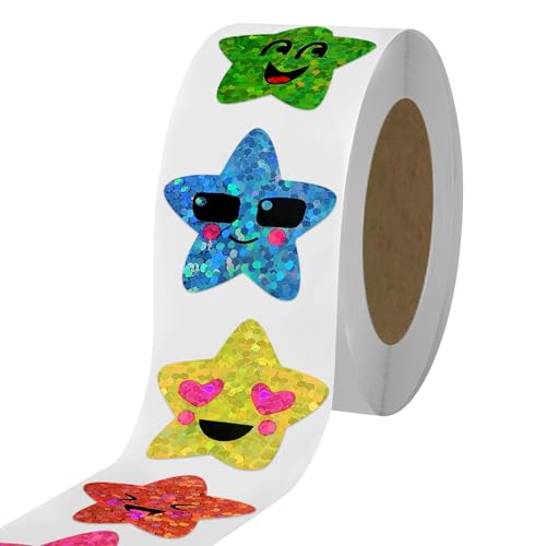 XITDW 700Pcs Smiley Face Star Stickers for Kids Reward 1inch 8 Colored Sparkly Foil Expression Stickers for Student Planner and School Classroom Teacher Supplies 315inch in Diameter per roll - Image 1