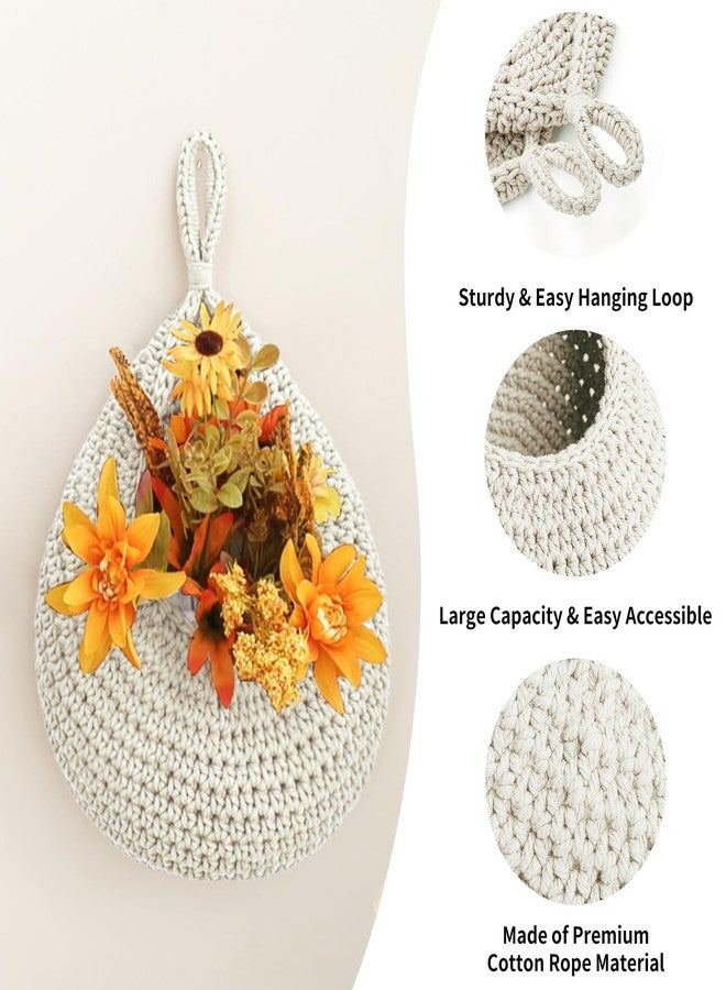 INJORAN Boho Wall Hanging Fruit Baskets for Kitchen 3 Pack Woven Produce Holder with 6 Pcs Strong Hooks Vegetable Hanging Basket for Organizing Teardrop Home Wall Potato Onion Storage, White - Image 2