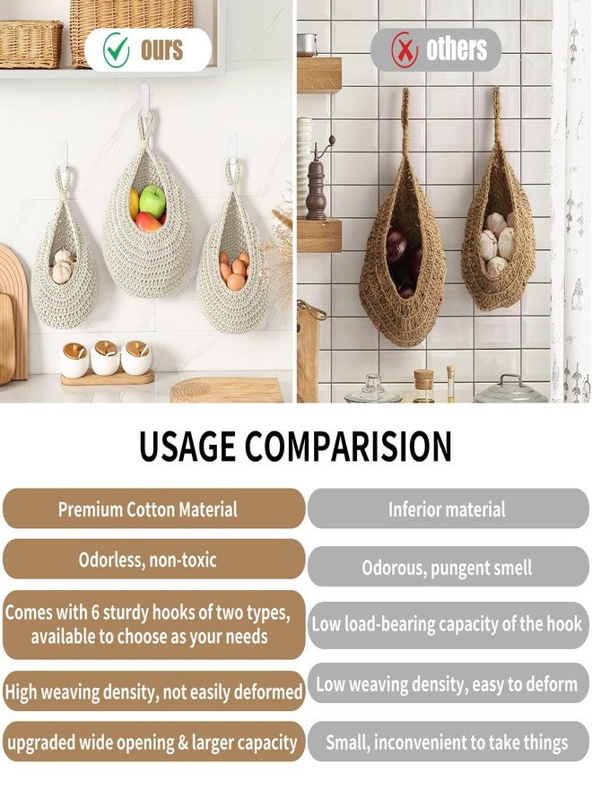 INJORAN Boho Wall Hanging Fruit Baskets for Kitchen 3 Pack Woven Produce Holder with 6 Pcs Strong Hooks Vegetable Hanging Basket for Organizing Teardrop Home Wall Potato Onion Storage, White - Image 3
