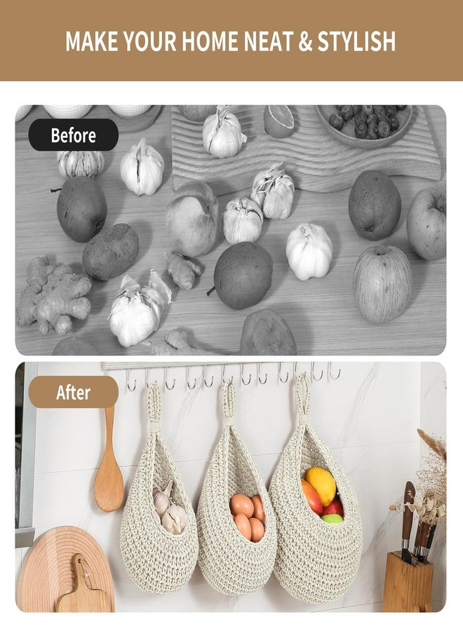INJORAN Boho Wall Hanging Fruit Baskets for Kitchen 3 Pack Woven Produce Holder with 6 Pcs Strong Hooks Vegetable Hanging Basket for Organizing Teardrop Home Wall Potato Onion Storage, White - Image 5