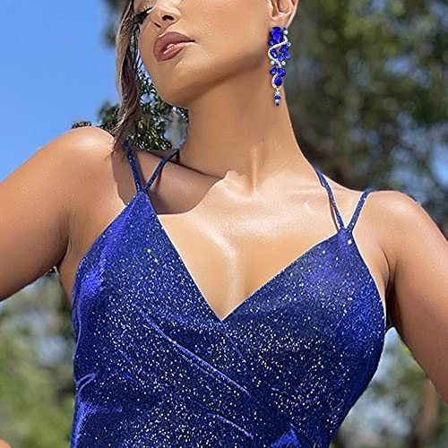 BriLove Women's Wedding Bridal Dangle Earrings Bohemian Boho Crystal Multiple Teardrop Chandelier Long Jewelry Silver-Tone Royal Blue Sapphire Color - Image 2
